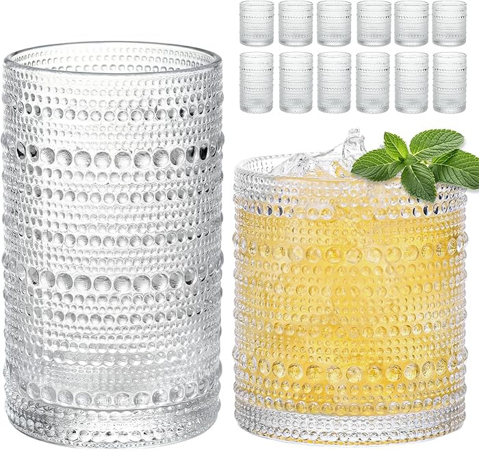 Amazon.com | Moretoes Hobnail Drinking Glasses Set of 12, Vintage 15 Oz Highball Glasses & 10 Oz ... | Amazon (US)