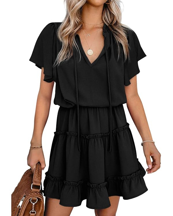 Dokotoo Womens 2024 Short Sleeve Split V Neck Ruffle Chiffon Elegant Mini Short Skirt Dresses | Amazon (US)