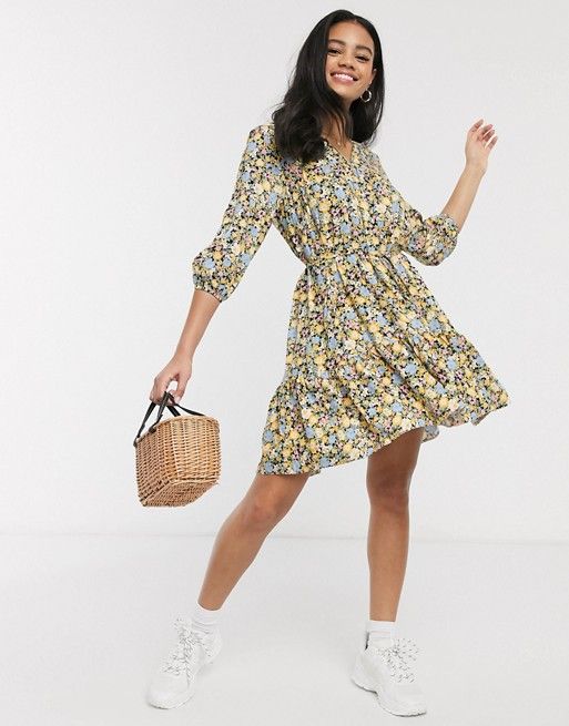 Miss Selfridge mini smock dress in yellow floral | ASOS US