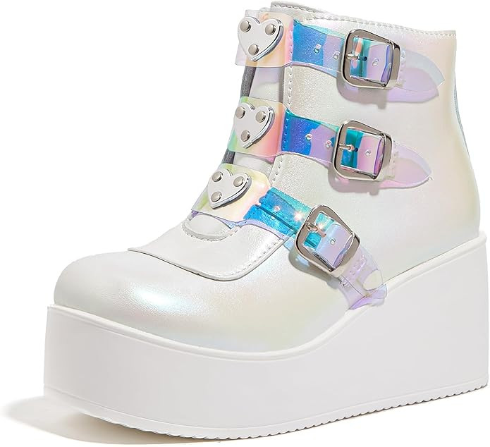 LUCKY STEP Women Platform Chunky Ankle Boots - Round Toe Zipper Wedges High Heels Rave Buckle Thi... | Amazon (US)