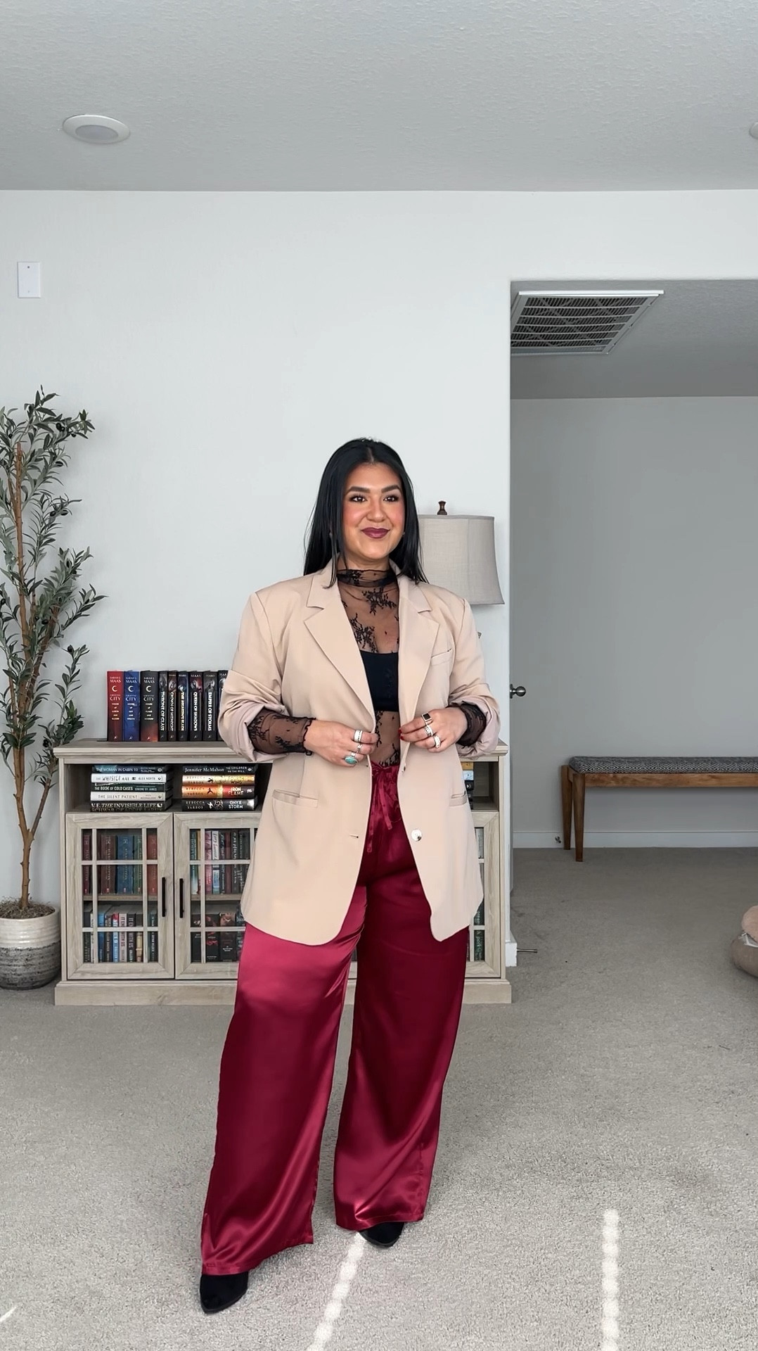 I’m 5’1” size 12 // PANTS: sized up to an XL for more room in the thighs and a more oversized fit. Glad I did!! // LACE TOP: size large, true to size // BLAZER: sized up to an XL for a more oversized fit // STRAPLESS BRA: large, I’m a 36D // boots are true to size and comfy! 

#LTKMidsize #LTKPetite #LTKHoliday