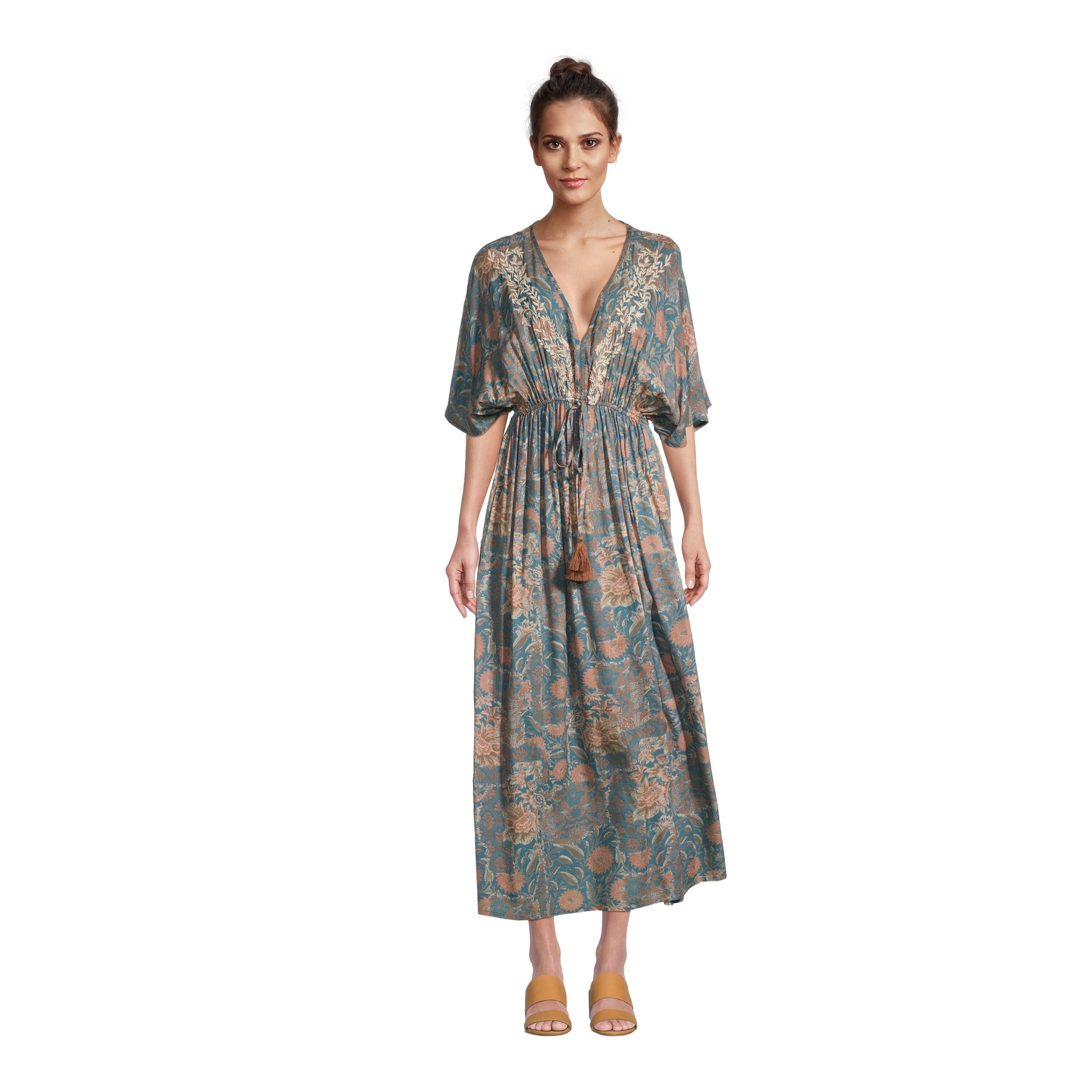 Mira Blue And Pink Floral Embroidered Kaftan Dress | World Market