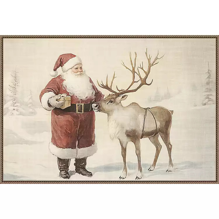 New! Santa Claus with Reindeer Framed Canvas Art Print | Kirklands
