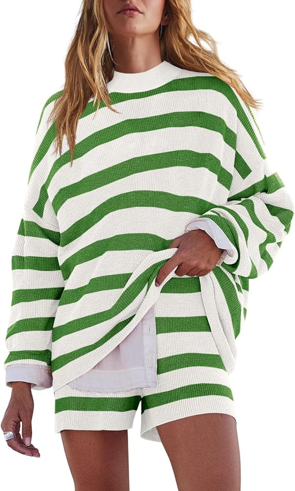 LAMISSCHE Womens Oversized Lounge Sets 2 Piece Outfits Striped Matching Pajama Set Long Sleeve Sw... | Amazon (US)