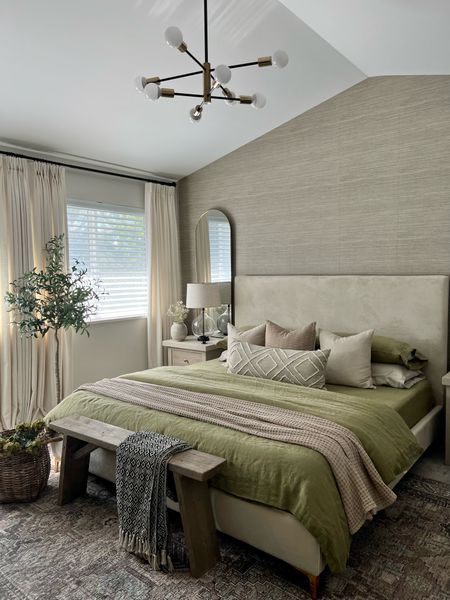 My bedroom for Fall! 
Soft muted tones of beige and green. My textured wallpaper is a faux grasscloth peel and stick. 
Bedroom inspiration 

#LTKhome #LTKfamily #LTKSeasonal