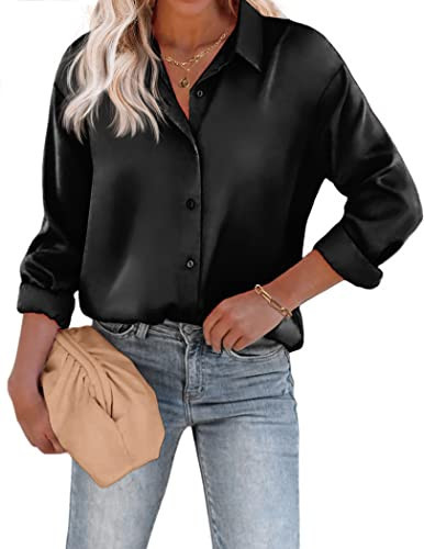 Chigant Women's Satin Silk Long Sleeve Button Down Shirt Formal Work Blouse Top (Black.Large) | Amazon (US)
