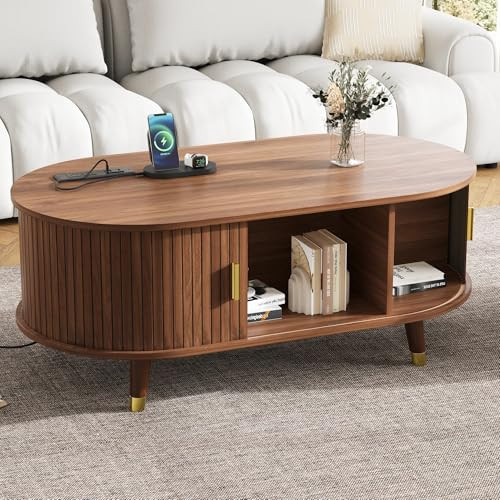 42.5" Mid Century Modern Oval Coffee Tables with Storage and Charging Station for Living Room, Boho Center Table Farmhouse Cocktail Table with Wooden Sliding Door and Legs for Home, Office (Walnut) | Amazon (US)