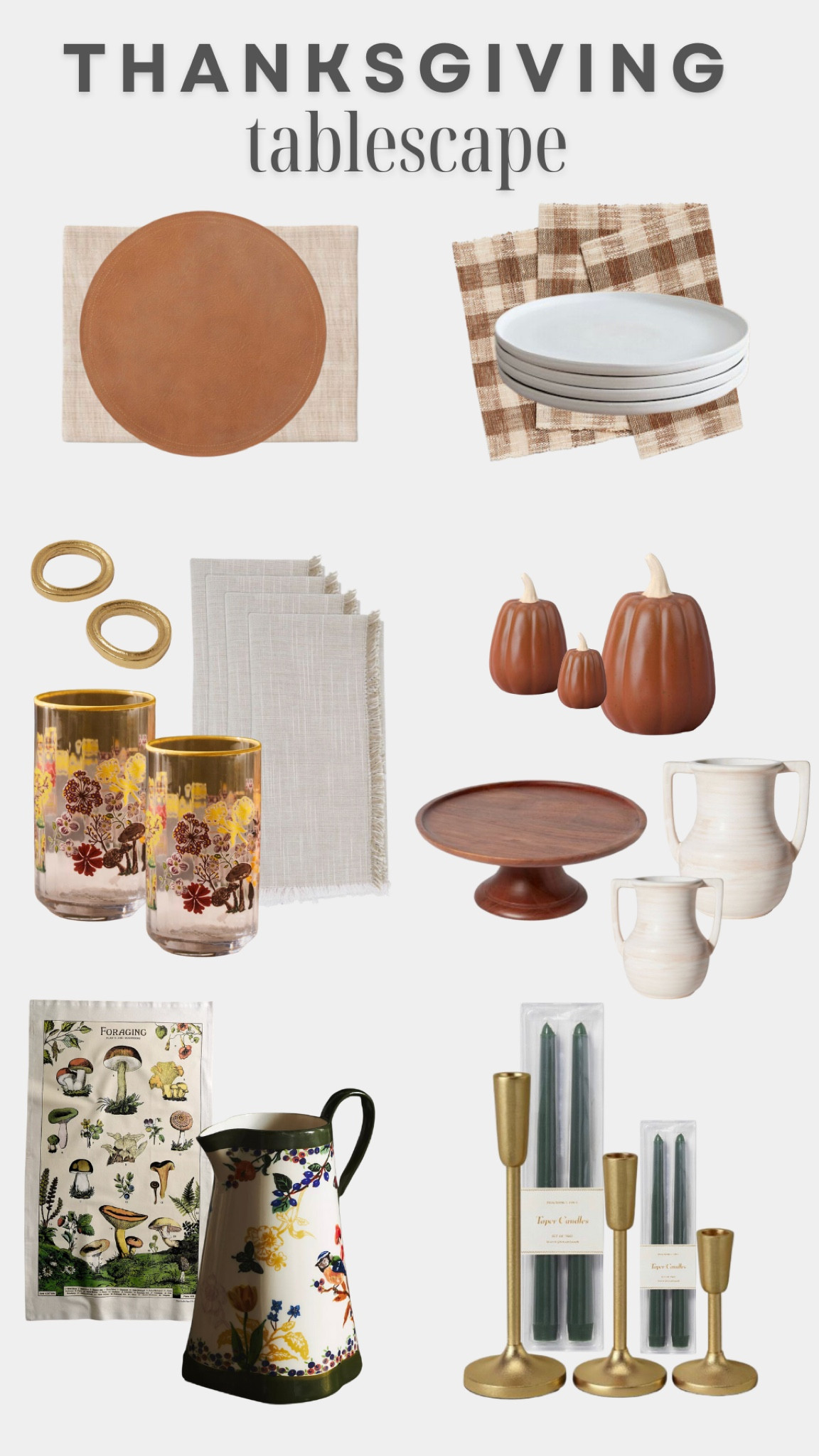 This is what you need to create a GORGEOUS Thanksgiving table this year!

 1️⃣ We’re going to use a checkered runner, wooden cake stands, and trophy vases full of fall colored stems for this design.

2️⃣ Fill in with small seasonal decor. I used stone pumpkins, and bought multiple sizes for interest and dimension!

3️⃣ Layered placemats. I used a standard rectangular placemat, with a leather round placemat on top of it. You can achieve the same look with a charger if you have them. FYI: Placemats are typically less expensive than chargers 😁

4️⃣ Candles make a huge difference on a tablescape and this one is super extra thanks to gorgeous gold and green color combo 😍

5️⃣ Natural stoneware plates, which added an organic element to the spread.

6️⃣ Fun, decorative glasses add a whimsical touch and color.

7️⃣ Add another variation in texture with the metal napkin rings.

#LTKSeasonal #LTKHoliday #LTKhome