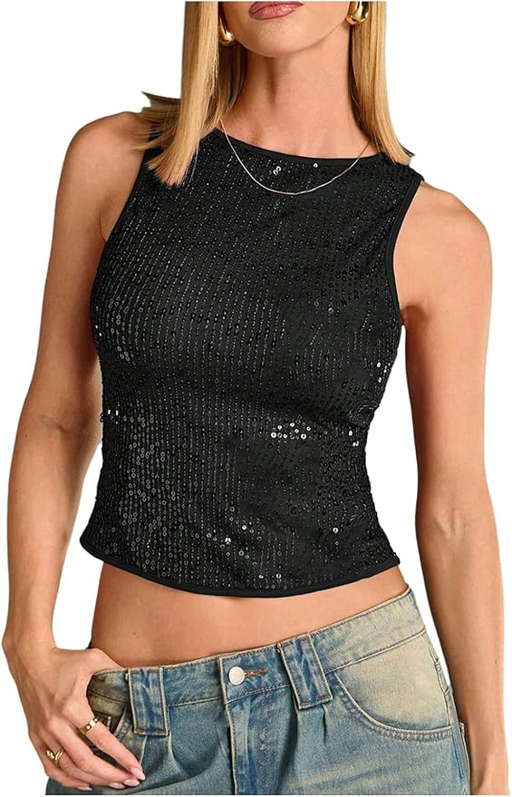 WDIRARA Women's Sequin Sparkly Tank Top Sleeveless Fitted Going Out Crop Tops | Amazon (US)