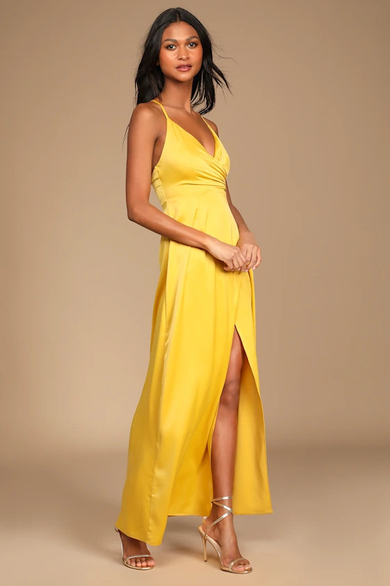 Outstanding Elegance Mustard Yellow Satin Surplice Maxi Dress | Lulus