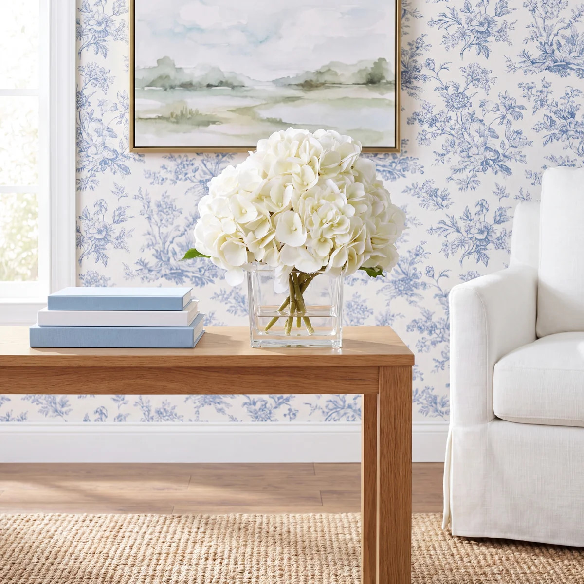 Artificial Hydrangea Floral Arrangement in Glass Vase | Wayfair North America