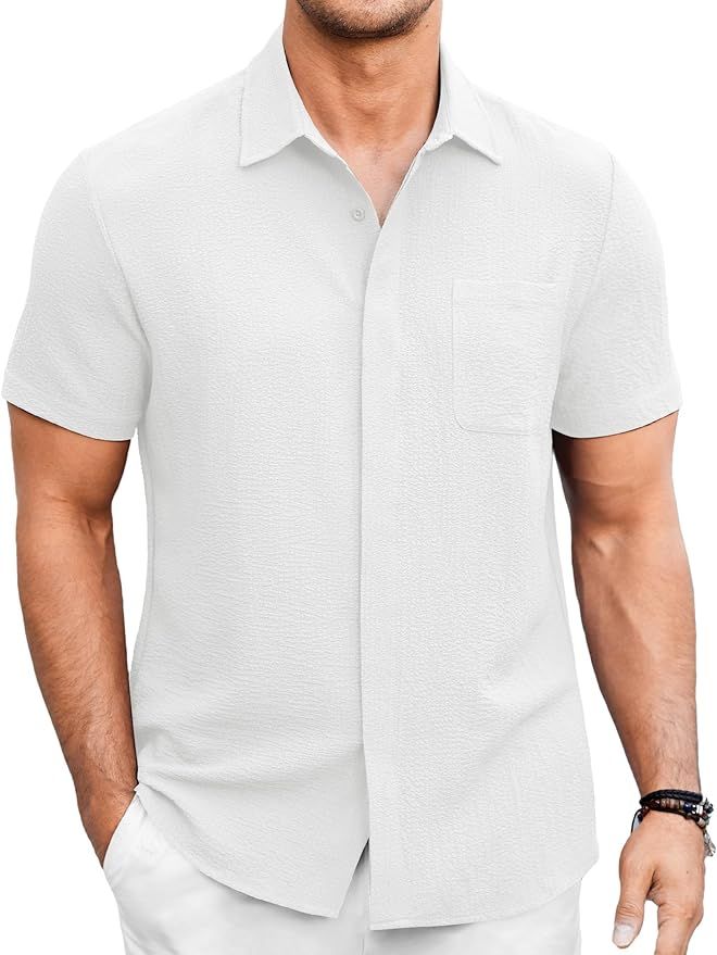 COOFANDY Men's Beach Shirts Short Sleeve Casual Shirts Button Down Shirt Summer Wedding Textured ... | Amazon (US)