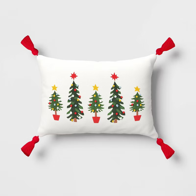 Christmas Tree Print Lumbar Throw Pillow with Tassels Ivory - Wondershop™ | Target