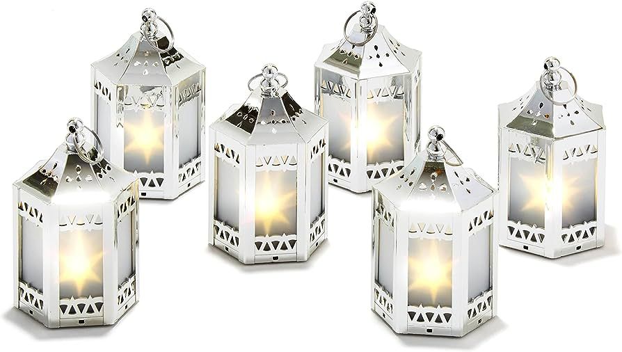 Silver Mini Lanterns with LED Star - 4.5 Inch Tall, Warm White 3D Holographic Star Light, Eid & R... | Amazon (US)