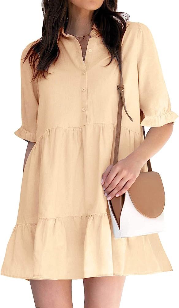 ROYLAMP Women's Summer Tunic Dress Puff Sleeve Ruffle Hem Button Down Casual Collared Shift Dress... | Amazon (US)