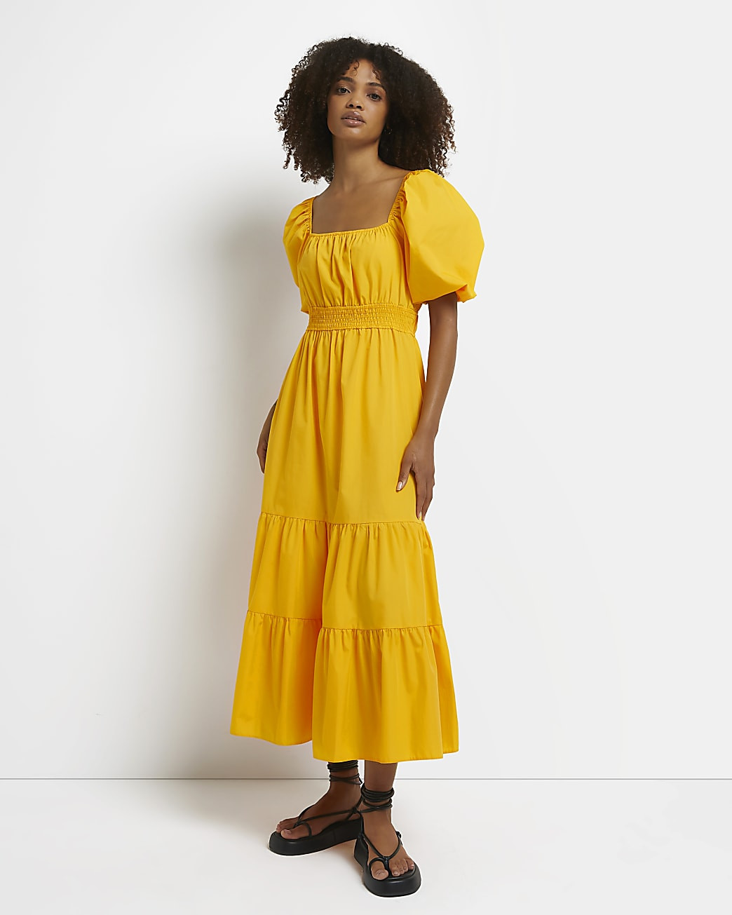 Orange shirred smock midi dress | River Island (UK & IE)
