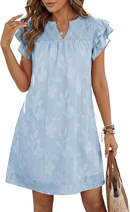 Dokotoo Womens Summer Dresses 2026 Ruffle Short Sleeve Casual V Neck Smocked Floral Burnout Mini ... | Amazon (US)