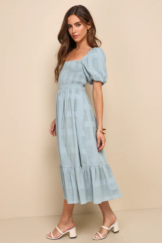 Budding Charm Sage Smocked Puff Sleeve Midi Dress With Pockets | Lulus
