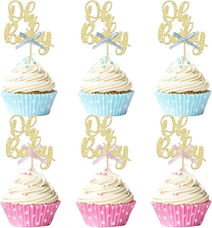 Gyufise 36Pcs Oh Baby Cupcake Toppers with Blue Pink Bowknot Gold Glitter Baby Shower Cupcake Pic... | Amazon (US)