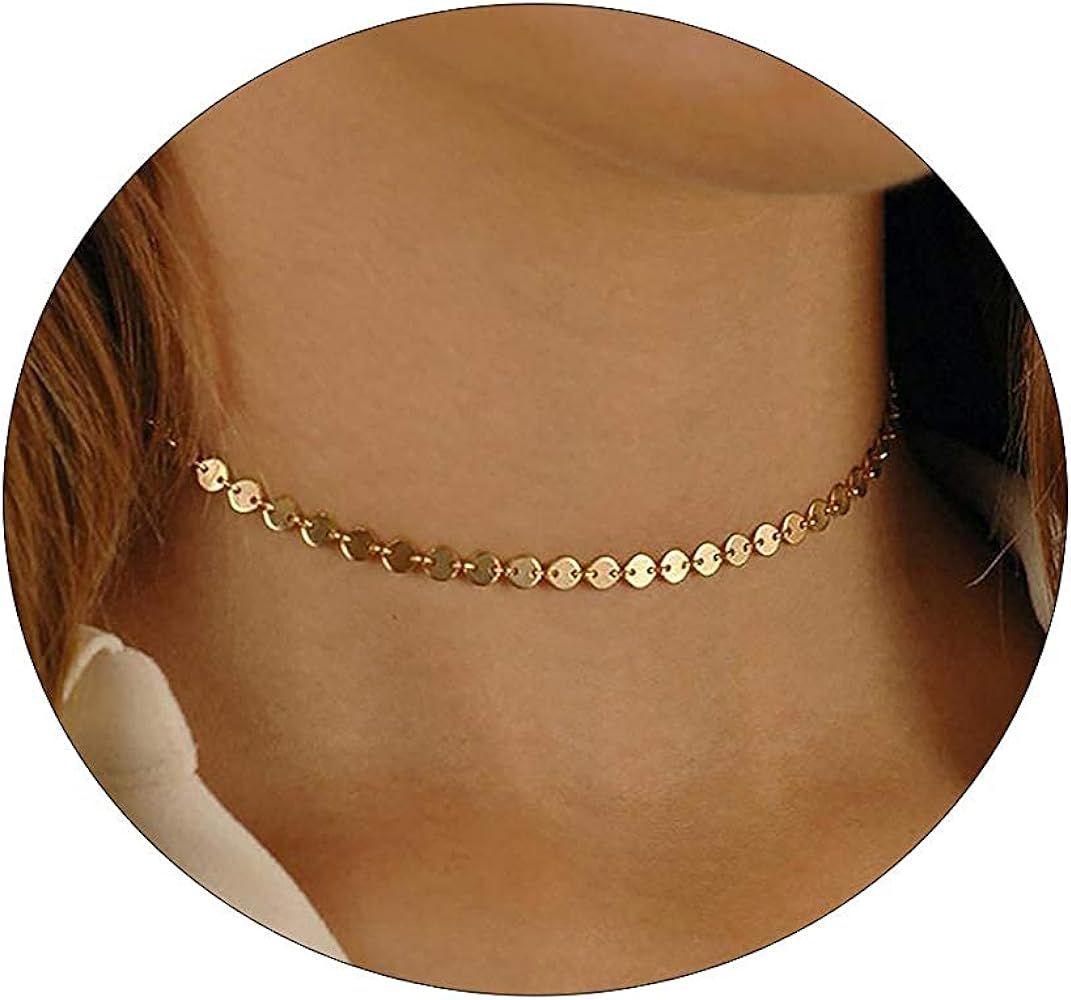 CAROVO Dainty Gold Chain Choker Necklace for Women 18K Gold Plated Minimalist Figaro Beaded Lace ... | Amazon (US)