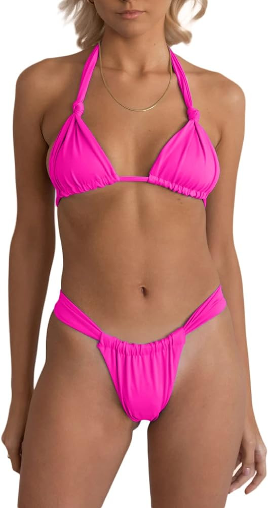 Sexy Brazilian Bikini Sets for Women High Cut 2PCS Thong Swimsuit Tie Knot Ruched Swimwear | Amazon (US)