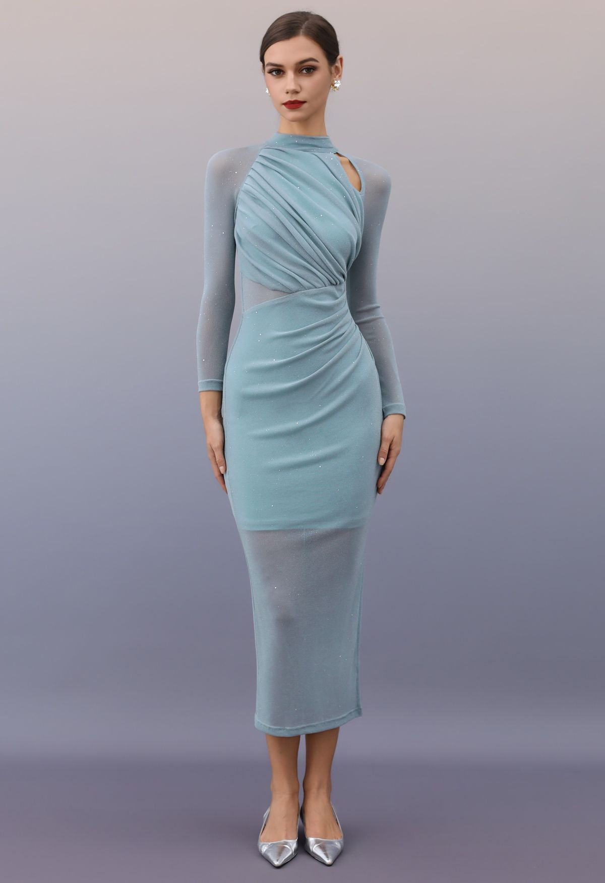 Sparkle Blue Ruched Cutout Mesh Bodycon Dress | Chicwish
