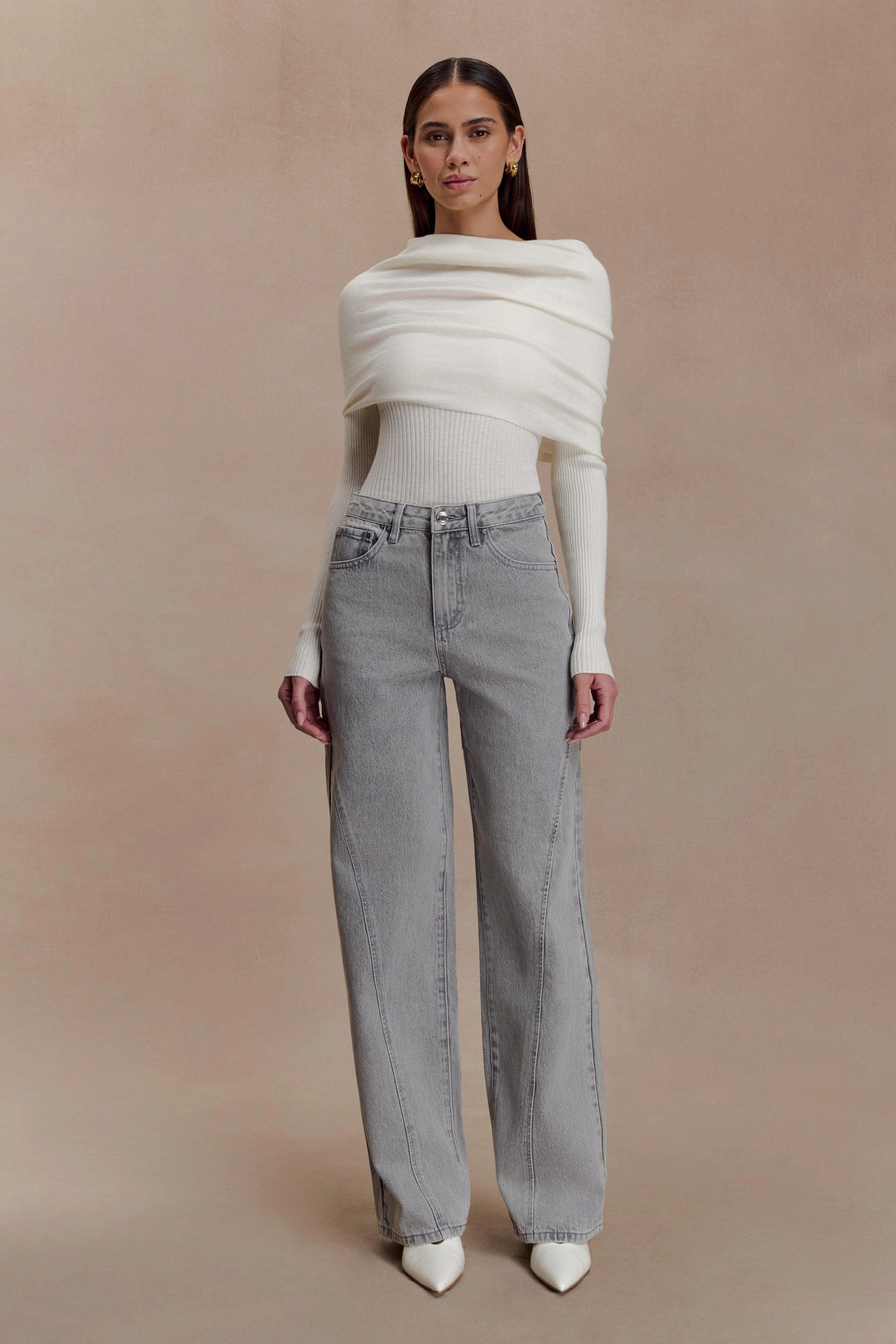 Georgette Mid Rise Paneled Denim Jeans - Grey | Meshki (APAC)