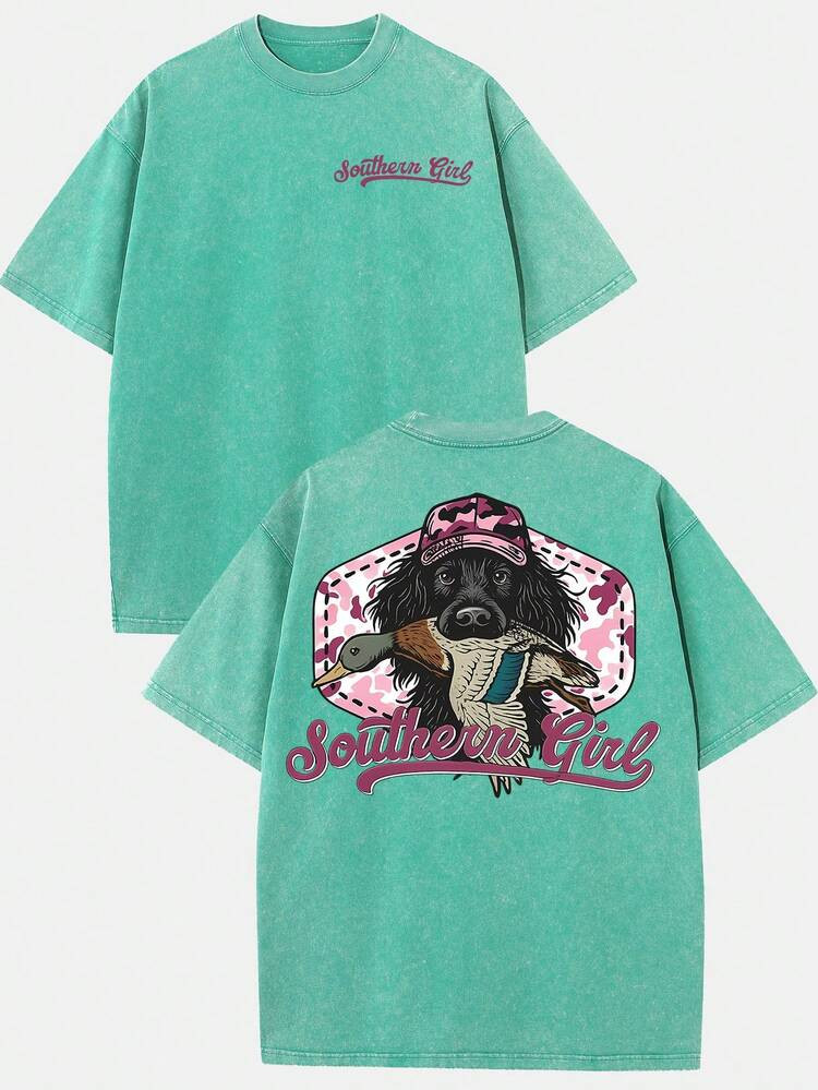 (230g T-Shirt)Women's Washed Cotton "Southern Girl" Pink Camo Dog & Duck Graphic Tee, Oversized Casual Crewneck Short Sleeve T-Shirt, Vintage Festive Style Top | SHEIN