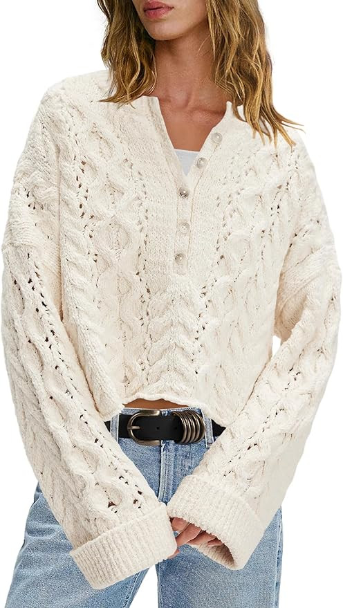 LAMISSCHE Cable Knit Sweater Women Cropped Sweaters Oversized Fall Sweaters Long Sleeve Half Butt... | Amazon (US)