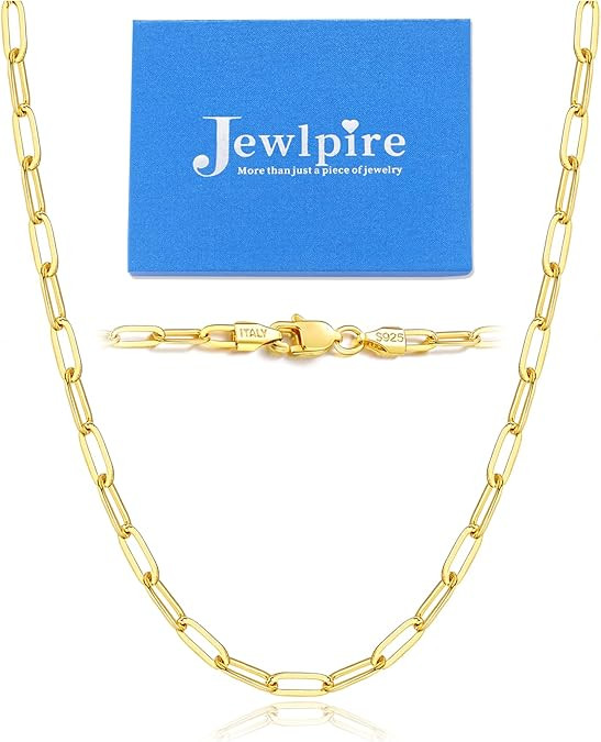 Jewlpire 14K Gold Plated 925 Sterling Silver Paperclip Chain Necklace for Women, 2.5mm 3mm Neckla... | Amazon (US)