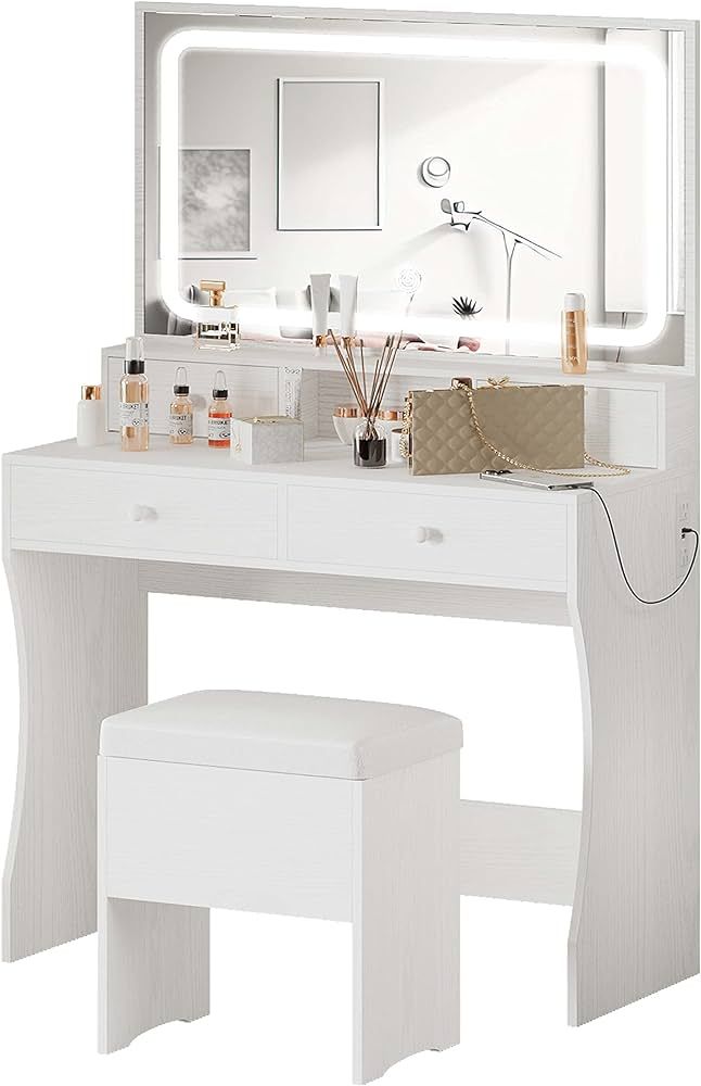 IRONCK Vanity Desk Set with LED Lighted Mirror & Power Outlet, Makeup Vanity Table with 4 Drawers... | Amazon (US)