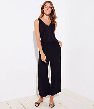 LOFT Ruffle Back Mixed Media Jumpsuit | LOFT