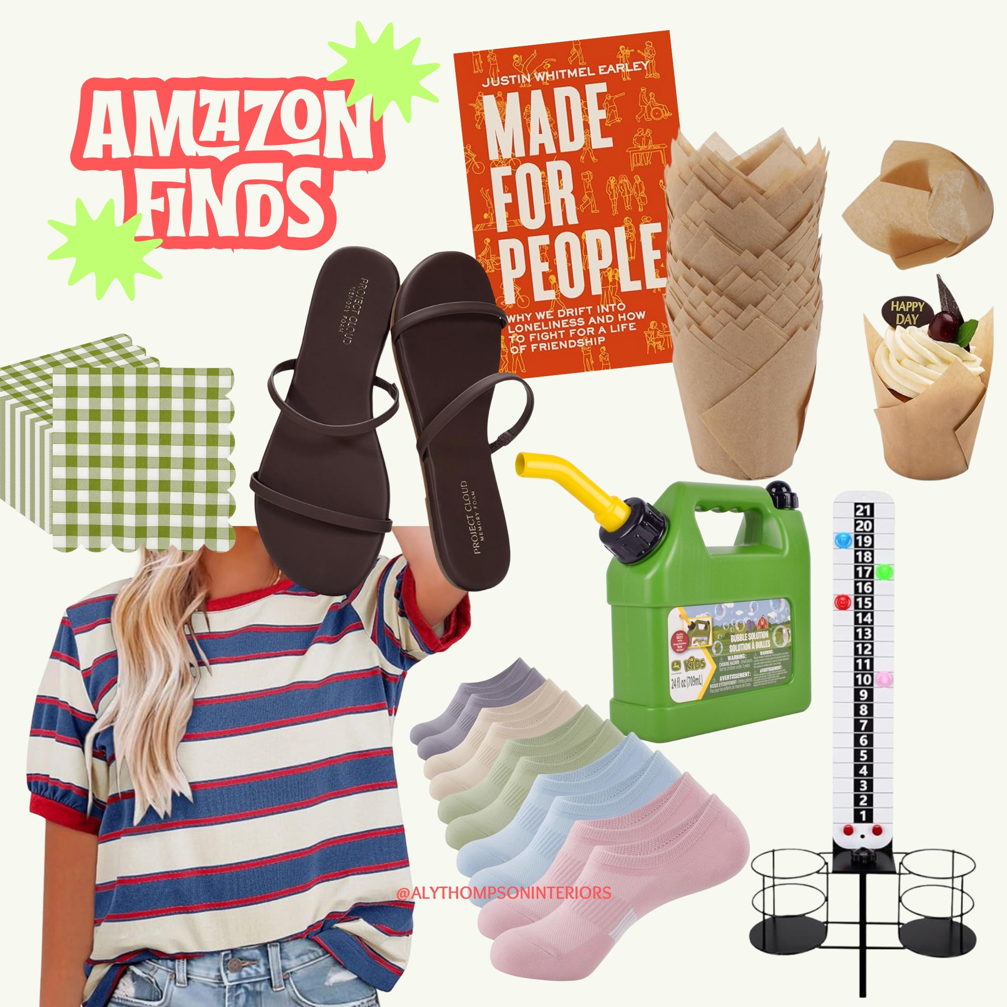 Amazon Finds | What's In My Cart | Amazon | Women's Top | Bombas Like Socks | Cornhole Score Keeper | Self Help Book | Gingham | Sandals | Cupcake Liners 

 #LTKmomlife #LTKSeasonal #LTKHome