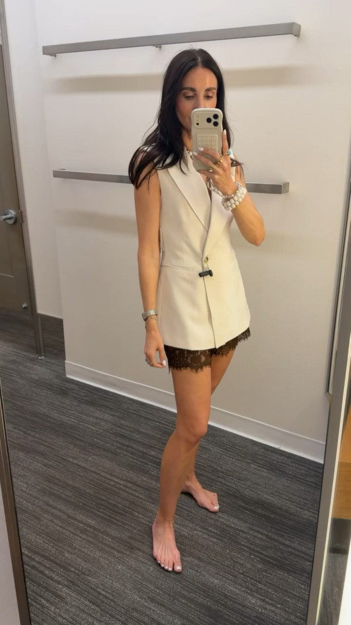 sleeveless vest, silk lace shorts, chic outfit, neutral look, summer outfit, date night, classy style, tailored vest, minimal chic, feminine look, night out outfit, annabrstyle

#LTKOver40