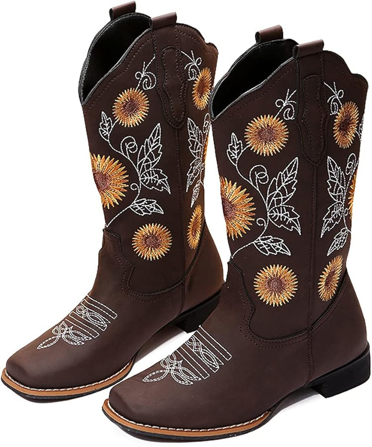 gloryinterest Cowboy Boots for Women Mid Calf Cowgirl Western Boots Sunflower Embroidery Stitched... | Amazon (US)