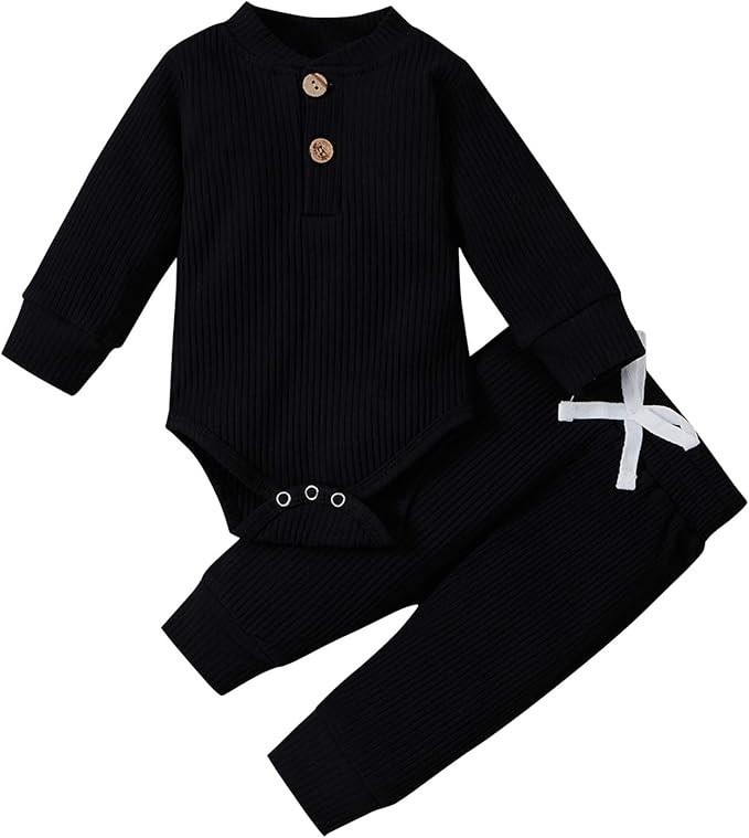 Winter Newborn Baby Boy Girl Clothes Set Ribbed Outfits Unisex Infant Solid Cotton Button Long Sl... | Amazon (US)