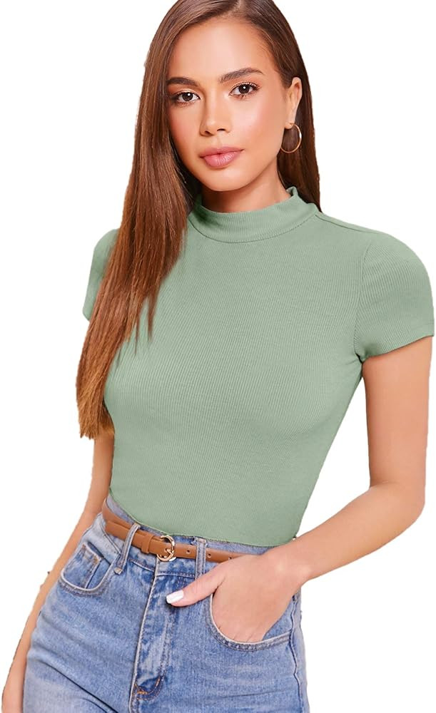 SheIn Women's Mock Neck Short Sleeve Slim Fit Knit Crop T-Shirts | Amazon (US)