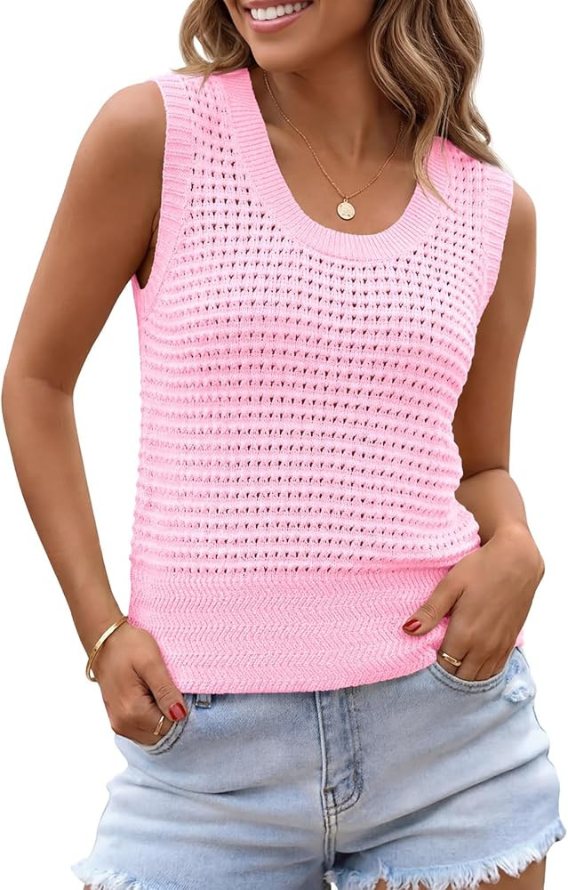 Saodimallsu Womens Summer Crochet Cover Up Sleeveless Scoop Neck Mesh Knit Beach Vacation Sweater... | Amazon (US)