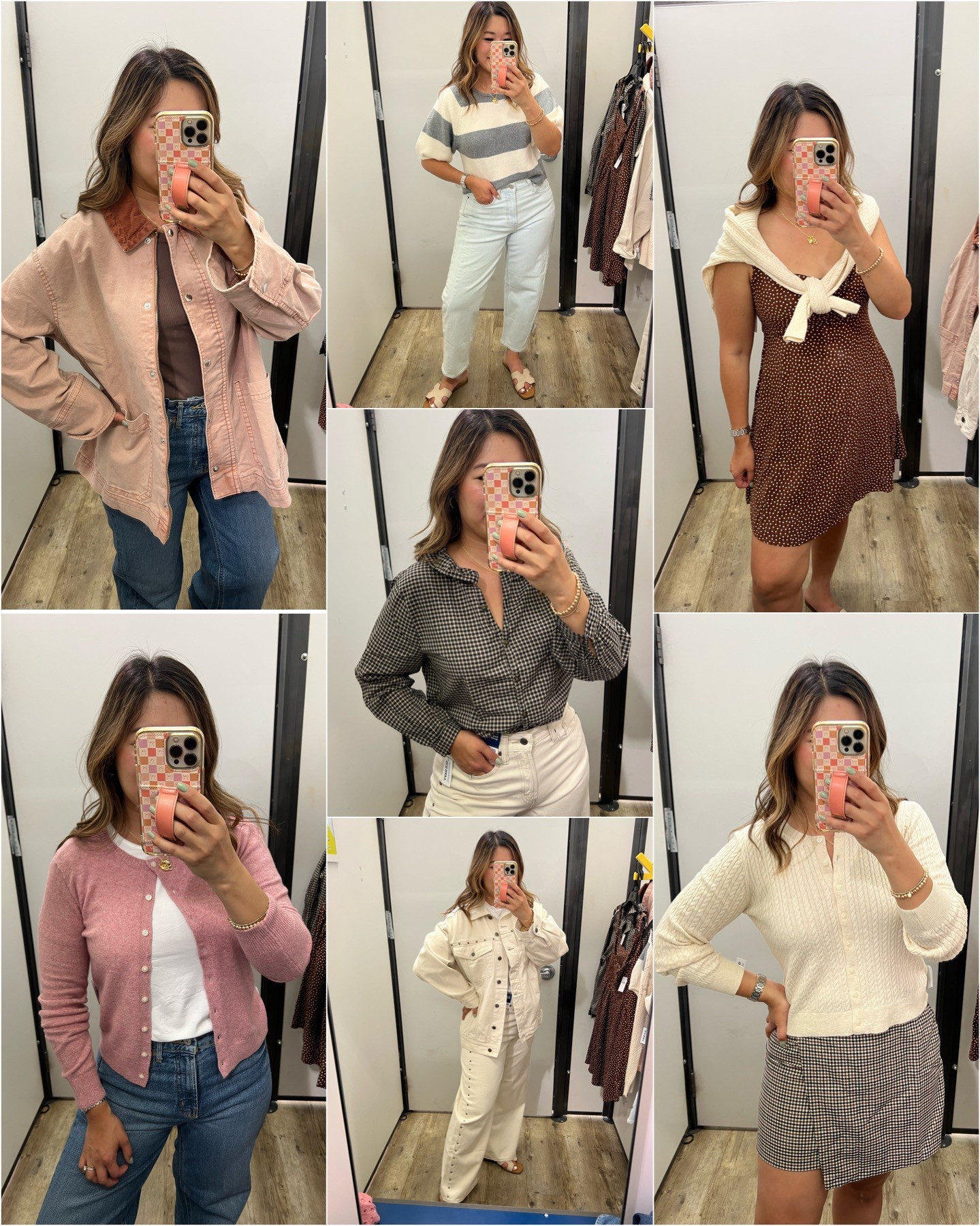 Old Navy Fall Outfits - 40% off!
Brown Ribbed Tee: Medium
Pink Barn Jacket: XL (but ordered Large)
Denim Jeans: 8
Grey/White Striped Top: Medium 
Ruffle Shirt: Medium
Pink Cardigan: Medium
Cream Studded Jacket: Small (runs very oversized)
Brown Mini Dress: Medium
Cream Cardigan: Medium
Check Skirt: Medium 
