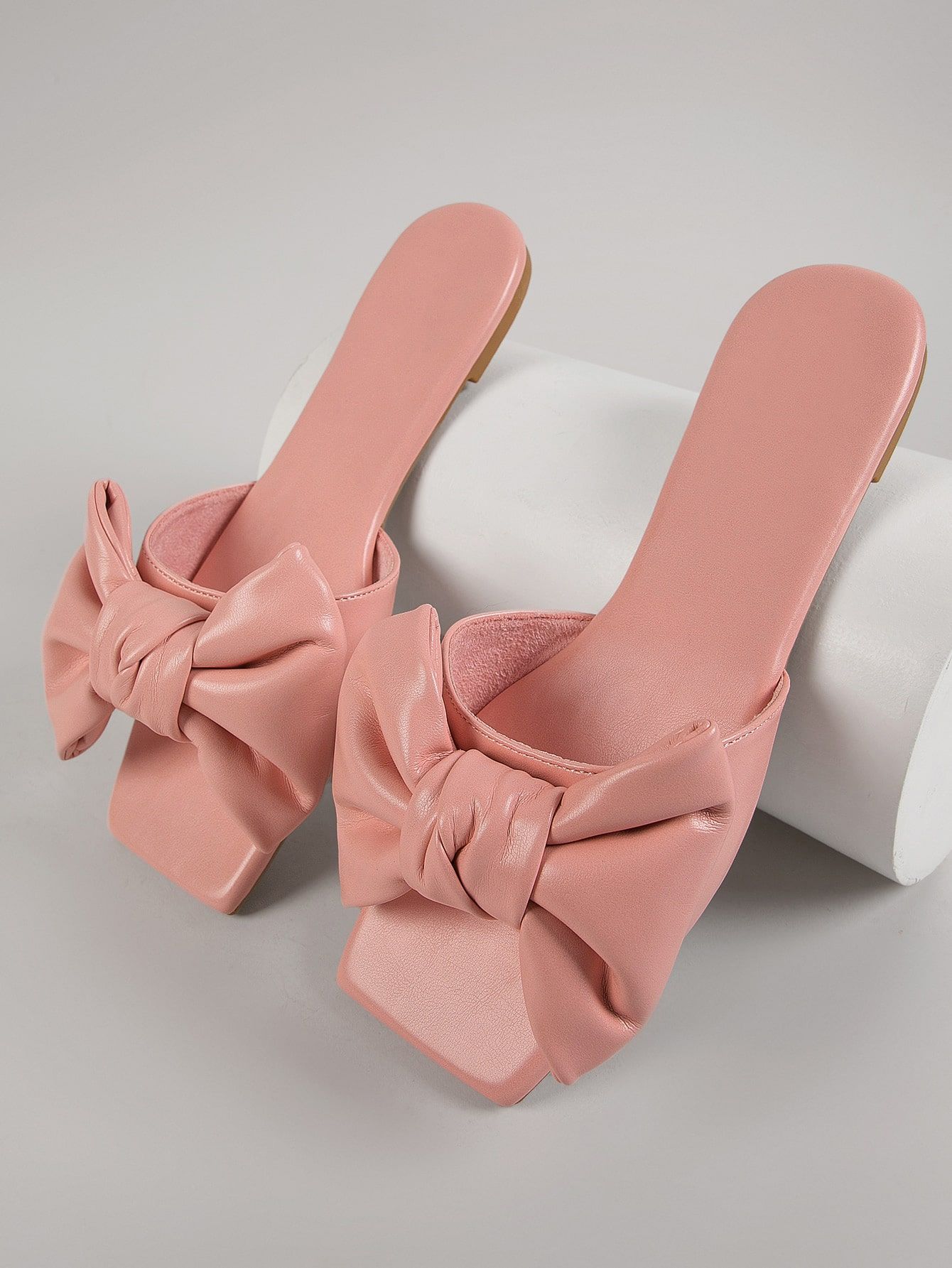 Faux Leather Bow Vamp Square Toe Slides | SHEIN