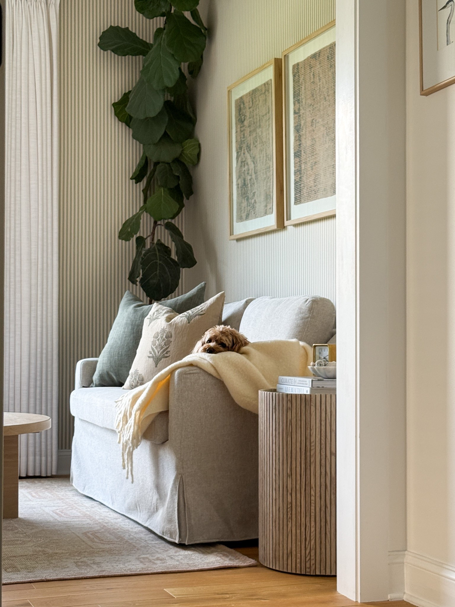 Home office, den, family room, cozy living, striped wallpaper, pottery barn, hernest, fluted table, small sofa, pepper hoke interior decor, home design, transitional modern, house beautiful