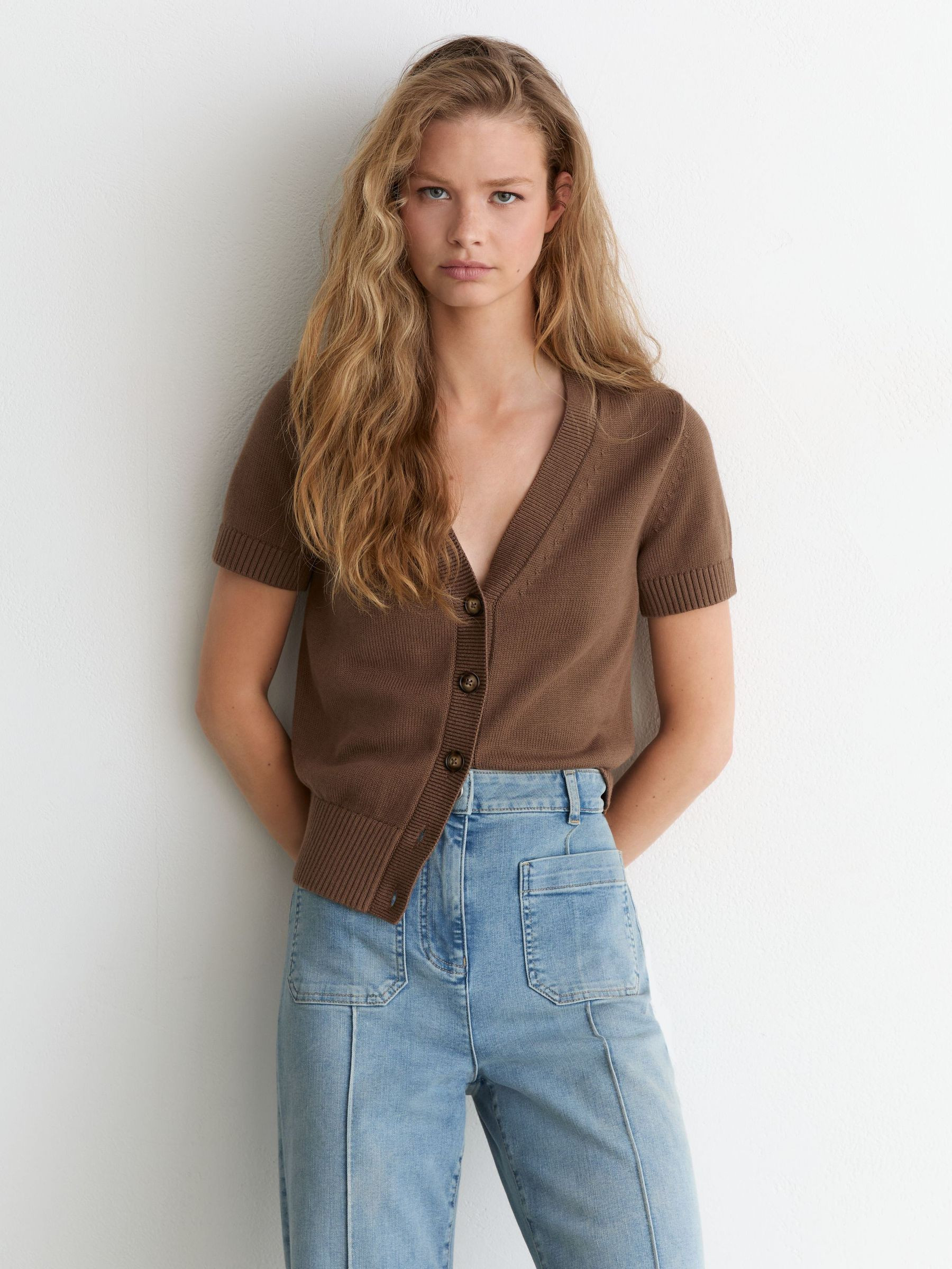 Reiss V-Neck Short-Sleeve Cardigan Cotton-Wool in Taupe Neutral - REISS | Reiss UK