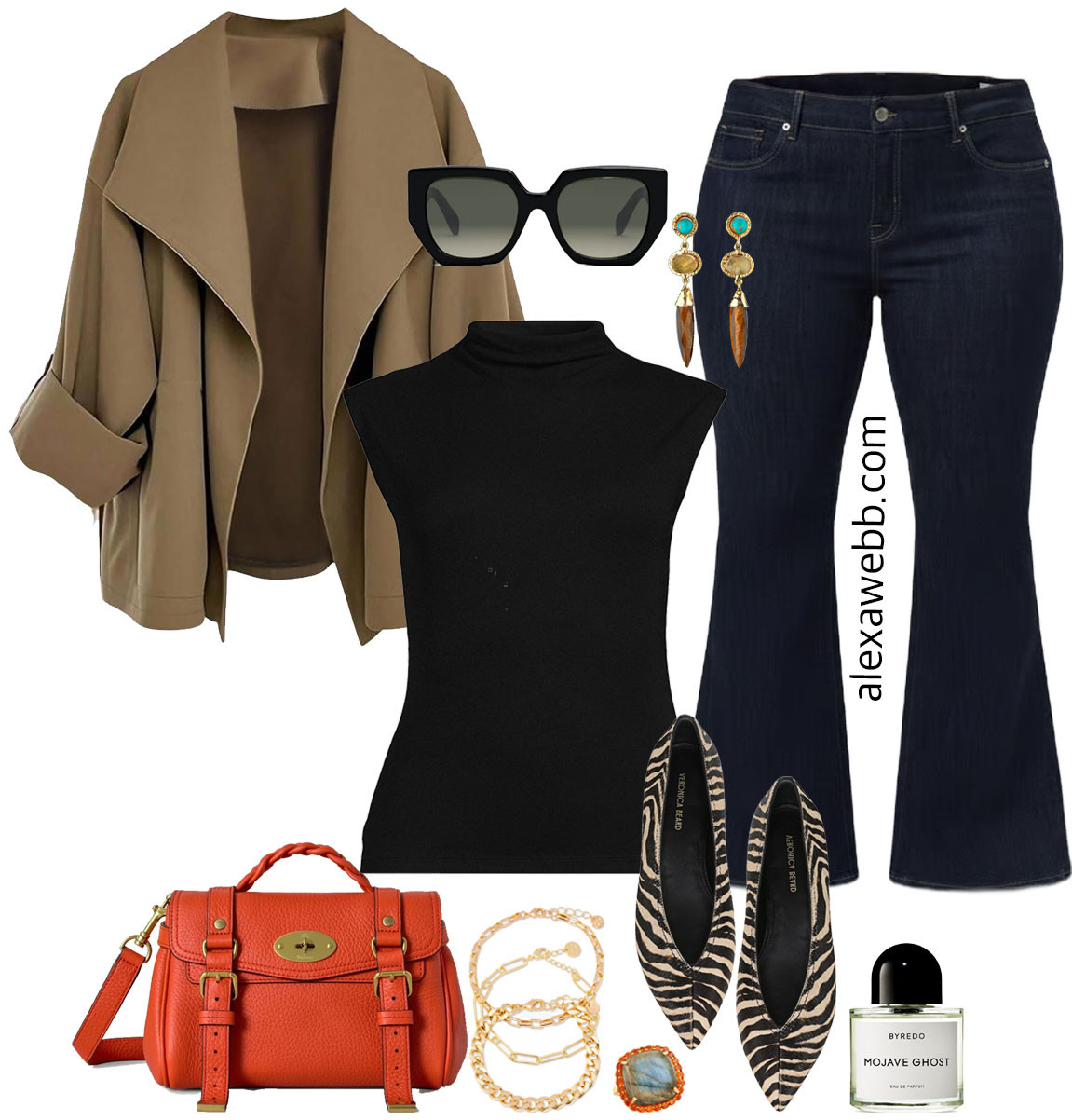 Plus Size Khaki Jacket Outfit - A lightweight unstructured cropped khaki trench,  black funnel neck tank, and dark wash flared jeans.

But, the first one features a “pop” of orange with this mini satchel.  Love this!

Throw on some calf hair zebra print flats.  So hot! 

 #LTKOver40 #LTKMidsize #LTKPlusSize