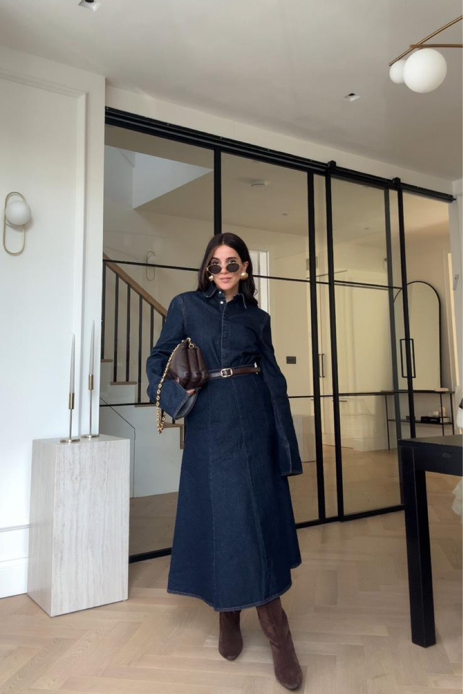 Autumn Outfit / Fall Fashion / Denim on Denim / Co ord / Denim Maxi Shirt / Denim Skirt / H&M Denim / Dark Blue Denim Jean / Chocolate Brown Belt / Mango Belt / Oval Sunglasses/ Brown Suede Heeled Boots / Brown Puffer Bag 

#LTKautumn #LTKeurope #LTKuk