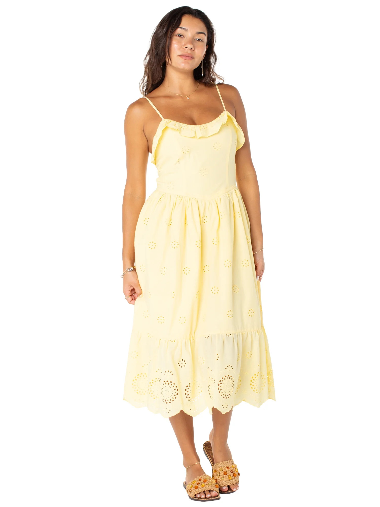 Celebrity Pink Women's Tie Strap Eyelet Midi Dress, Sizes XS-XXXL | Walmart (US)