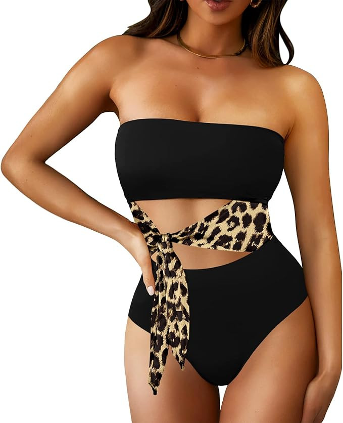 Viottiset Women's Bandeau One Piece Swimsuit Strapless Tie High Cut Out Bathing Suit | Amazon (US)