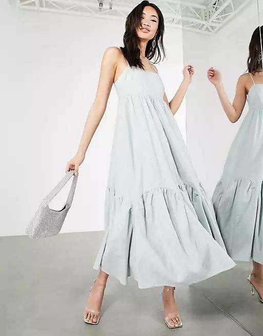 ASOS EDITION linen tiered cami dress with scallop hem in ice blue | ASOS (Global)