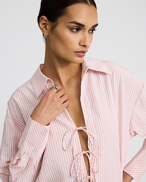 Striped Seersucker Tie Front Boyfriend Portofino Shirt | Express