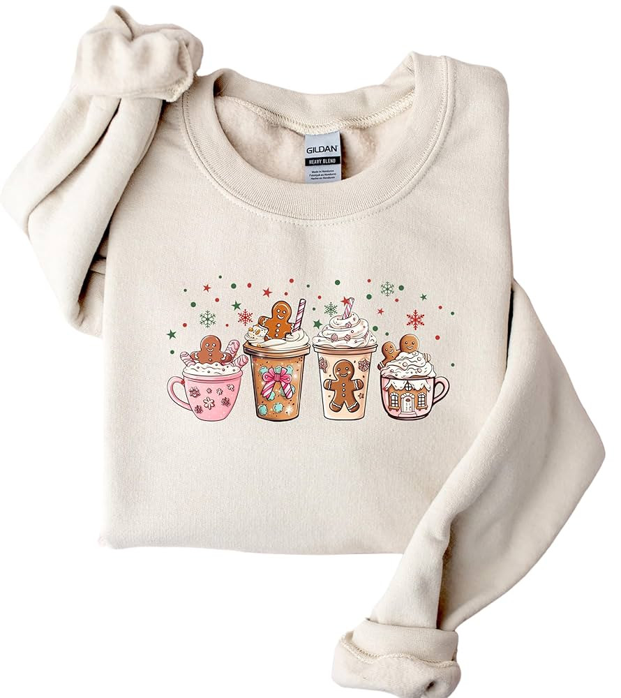 Pink Gingerbread Coffee Christmas Sweatshirt, Christmas Sweat, Christmas Shirts for Women, Xmas C... | Amazon (US)