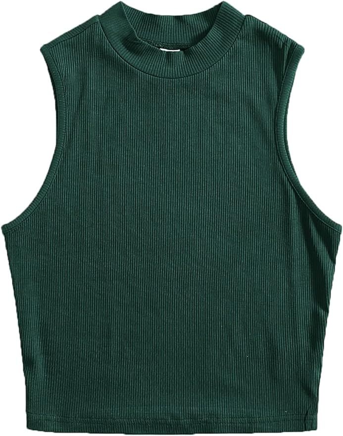 Verdusa Women's Basic Sleeveless Mock Neck Rib Knit Tank Crop Top | Amazon (US)